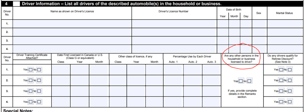 other drivers in the household auto insurance application section